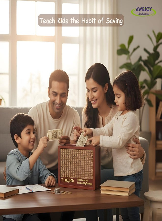 AWEJOY حصالة نقود خشبية من AWEJOY | متتبع هدف 100,000 روبية | حصالة مع شبكة فئات وعلامات | حصالة نقود خشبية للكبار والصغار | منظم للميزانية والأهداف المالية - Image 4